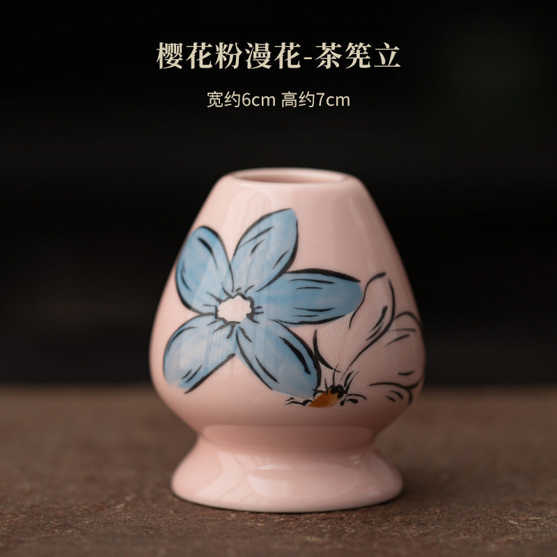 Japanese Tea Ceremony Cherry Blossom Pink Matcha Four-Piece Ceramic Matcha Bowl Tea Whisk Tea Spoon Tea Accessories