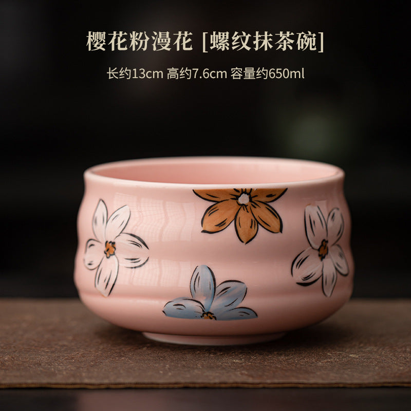 Japanese Tea Ceremony Cherry Blossom Pink Matcha Four-Piece Ceramic Matcha Bowl Tea Whisk Tea Spoon Tea Accessories