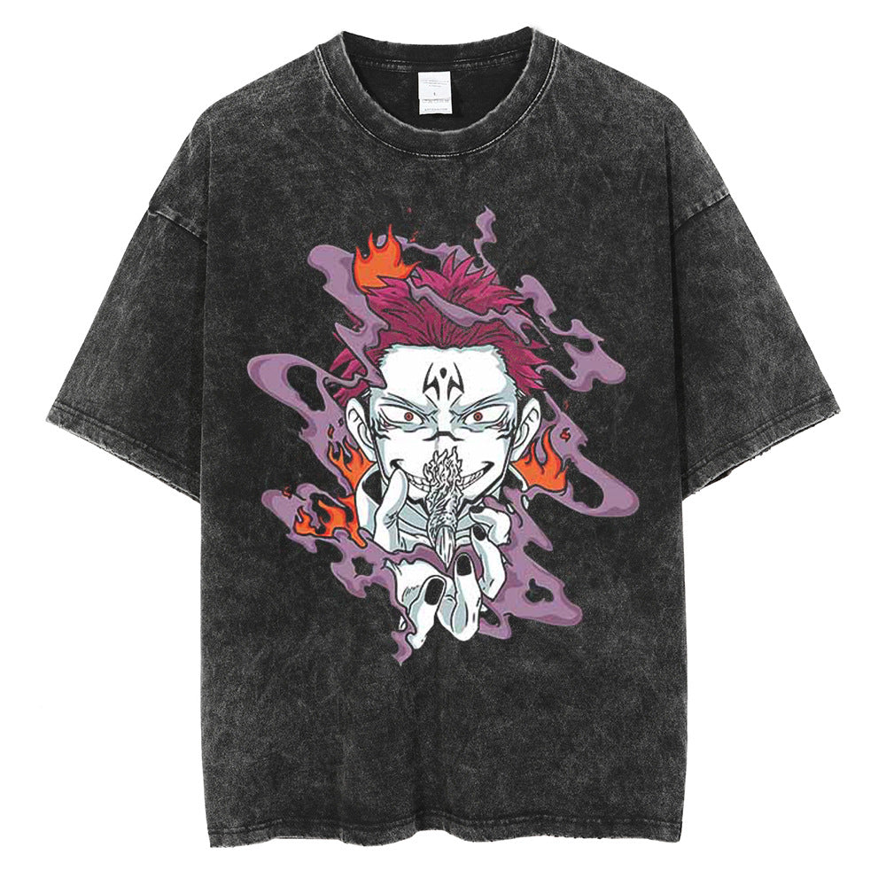 Huge Anime Flat Print Couple T-Shirt Washed Black Streetwear