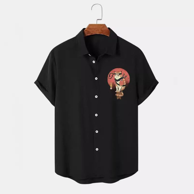 men's cross-border japanese samurai cat pattern lapel short sleeve shirt