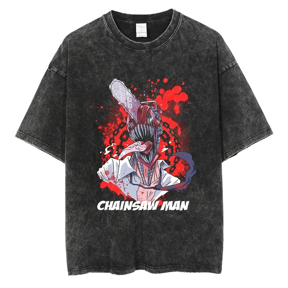 Anime Chainsaw Washed t Shirt Men Women Harajuku Vintage Sum