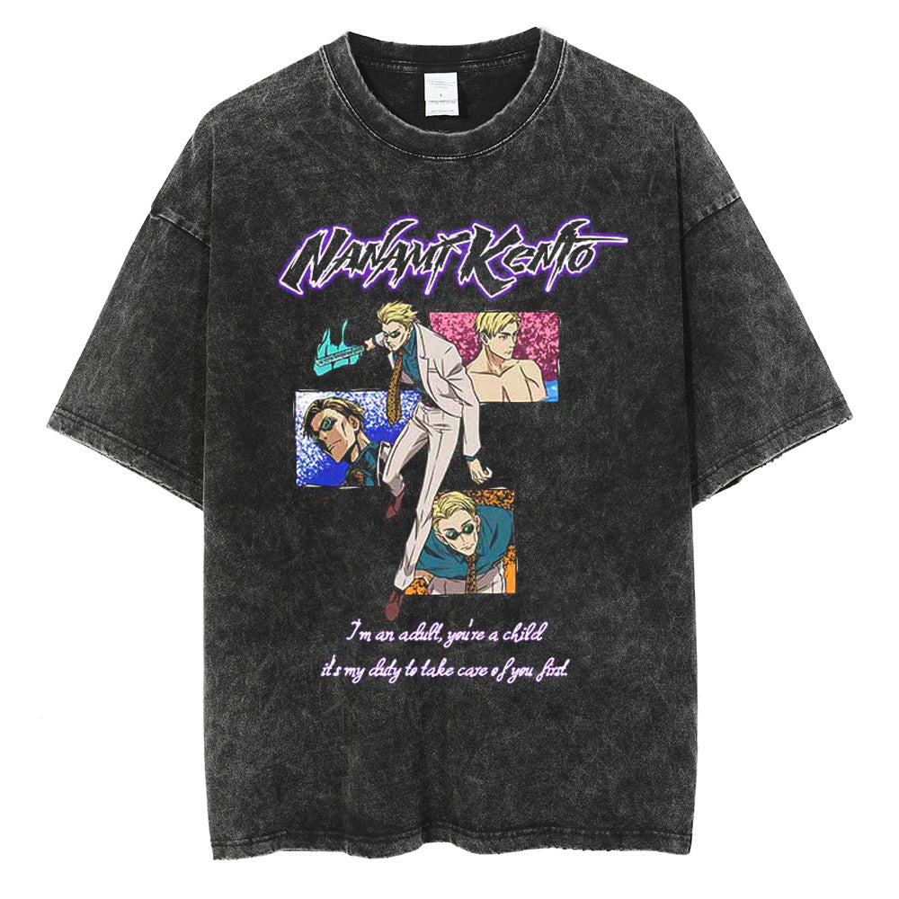 Huge Anime Flat Print Couple T-Shirt Washed Black Streetwear