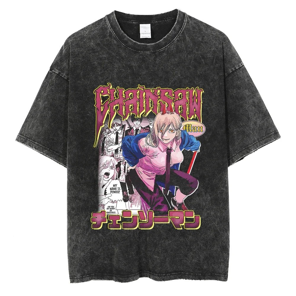 Anime Chainsaw Washed t Shirt Men Women Harajuku Vintage Sum