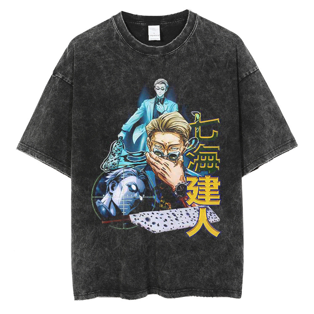 Huge Anime Flat Print Couple T-Shirt Washed Black Streetwear
