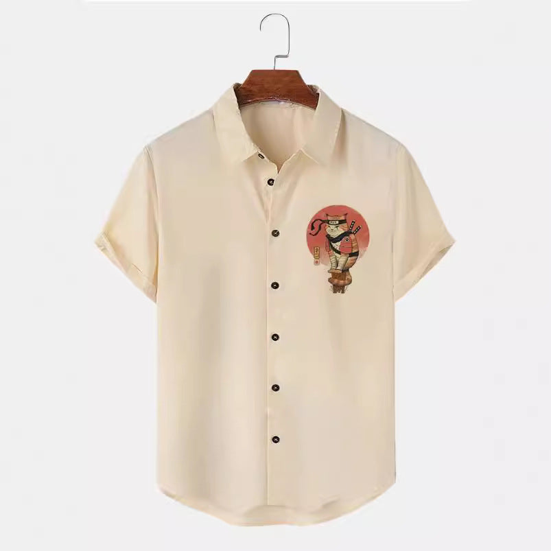men's cross-border japanese samurai cat pattern lapel short sleeve shirt
