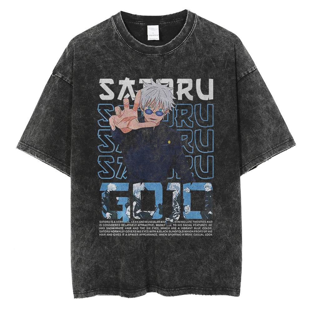 Huge Anime Flat Print Couple T-Shirt Washed Black Streetwear