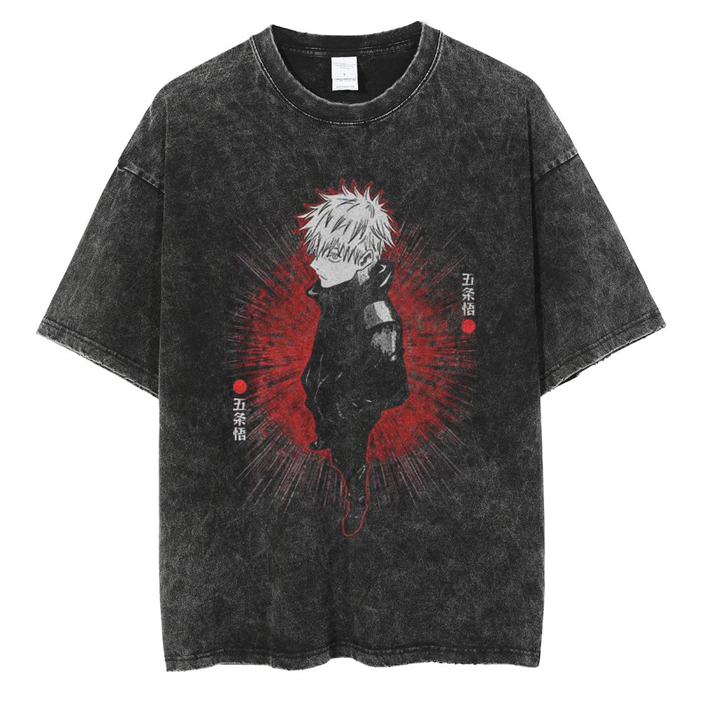 Huge Anime Flat Print Couple T-Shirt Washed Black Streetwear