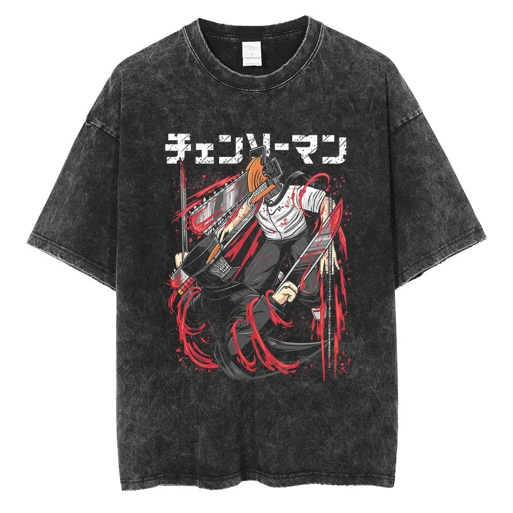 Anime Chainsaw Washed t Shirt Men Women Harajuku Vintage Sum