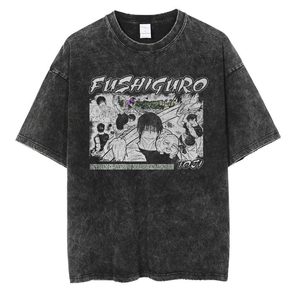 Huge Anime Flat Print Couple T-Shirt Washed Black Streetwear