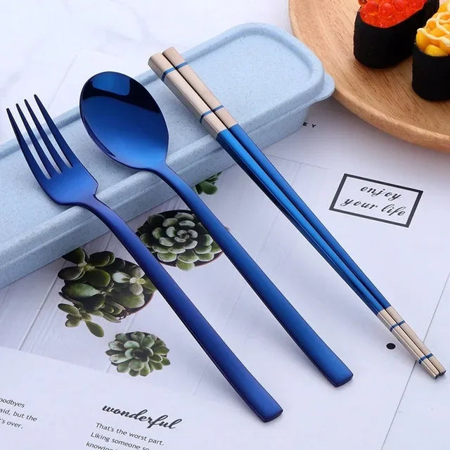 Portable Dinner Set With Box Stainless Steel Chopstick Spoon Fork Set Travel Cutlery Kids For School Outdoor Picnic