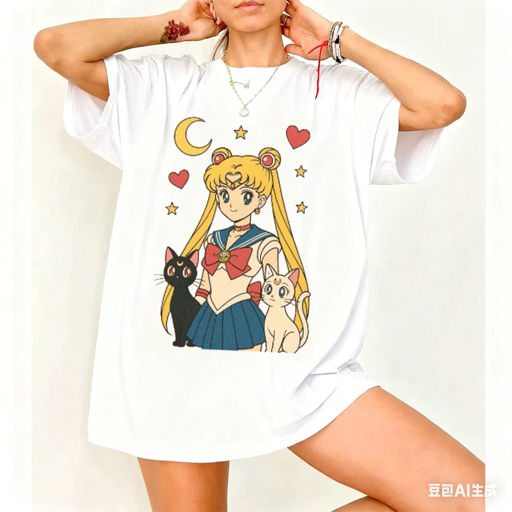 Sailor Moon Retro 90s Anime Graphic T Shirt Summer Cotton Men Women Tee Streetwear Casual Trend Short Sleeve Couple Hip Hop Top