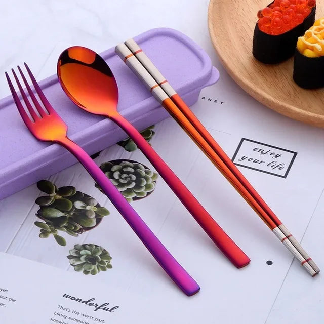 Portable Dinner Set With Box Stainless Steel Chopstick Spoon Fork Set Travel Cutlery Kids For School Outdoor Picnic