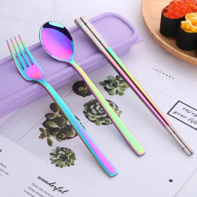 Portable Dinner Set With Box Stainless Steel Chopstick Spoon Fork Set Travel Cutlery Kids For School Outdoor Picnic