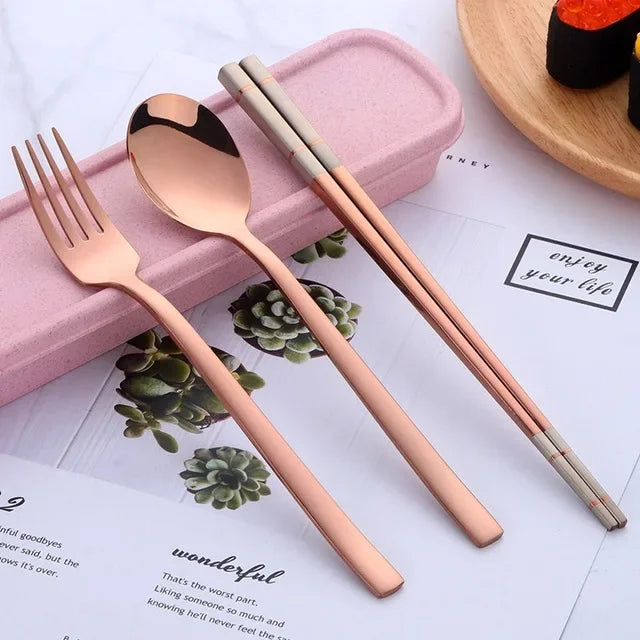 Portable Dinner Set With Box Stainless Steel Chopstick Spoon Fork Set Travel Cutlery Kids For School Outdoor Picnic
