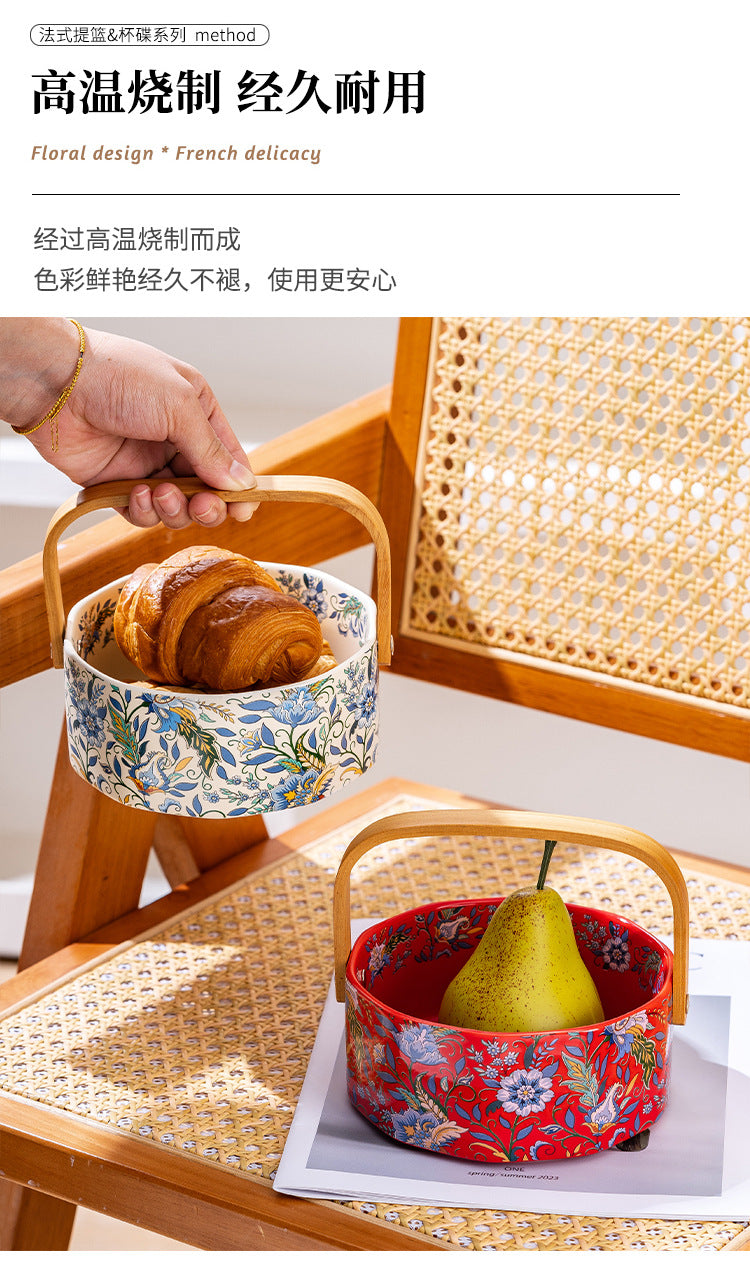 Floral Ceramic Serving Bowl with Bamboo Handle