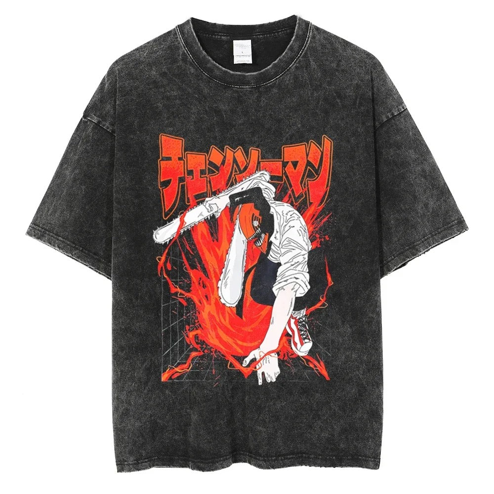 Anime Chainsaw Washed t Shirt Men Women Harajuku Vintage Sum