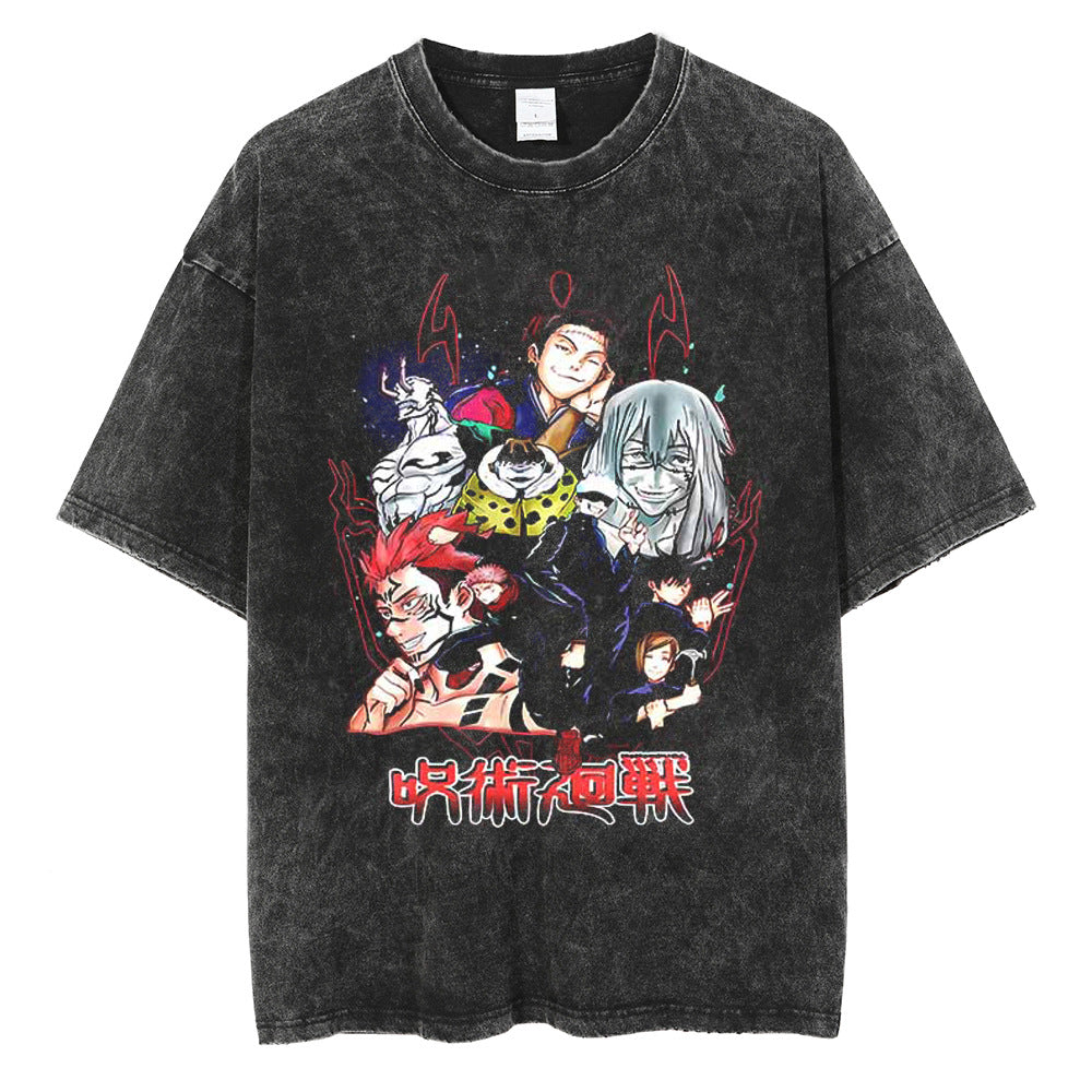 Huge Anime Flat Print Couple T-Shirt Washed Black Streetwear