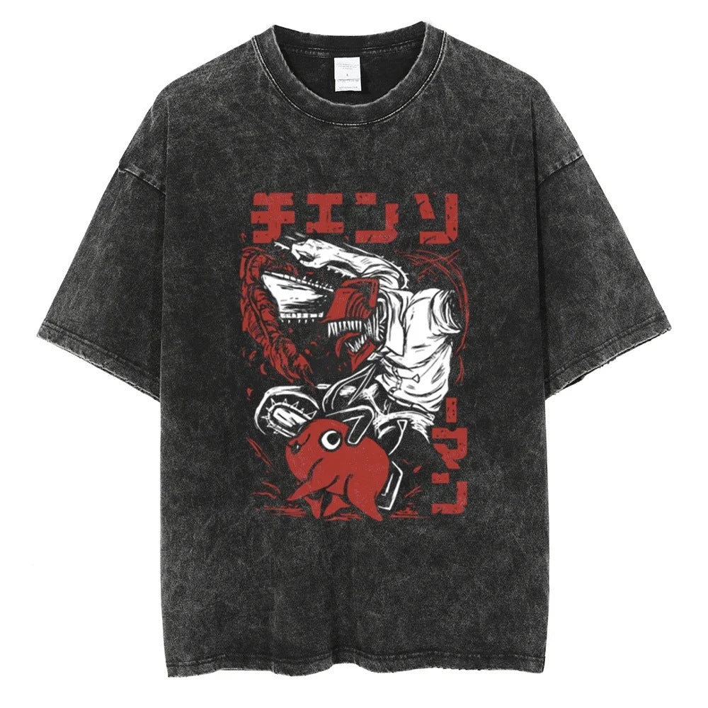 Anime Chainsaw Washed t Shirt Men Women Harajuku Vintage Sum