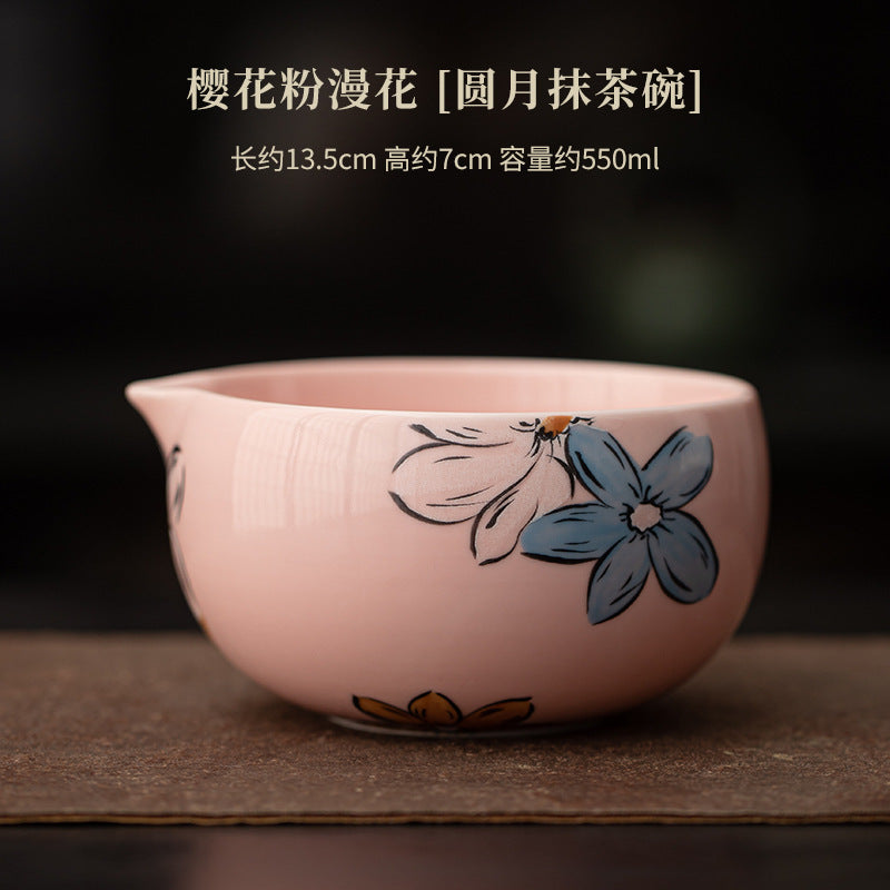 Japanese Tea Ceremony Cherry Blossom Pink Matcha Four-Piece Ceramic Matcha Bowl Tea Whisk Tea Spoon Tea Accessories
