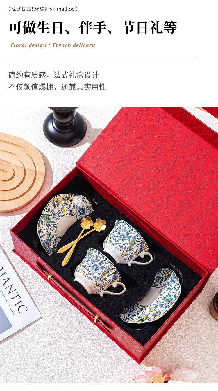 Floral Ceramic Serving Bowl with Bamboo Handle