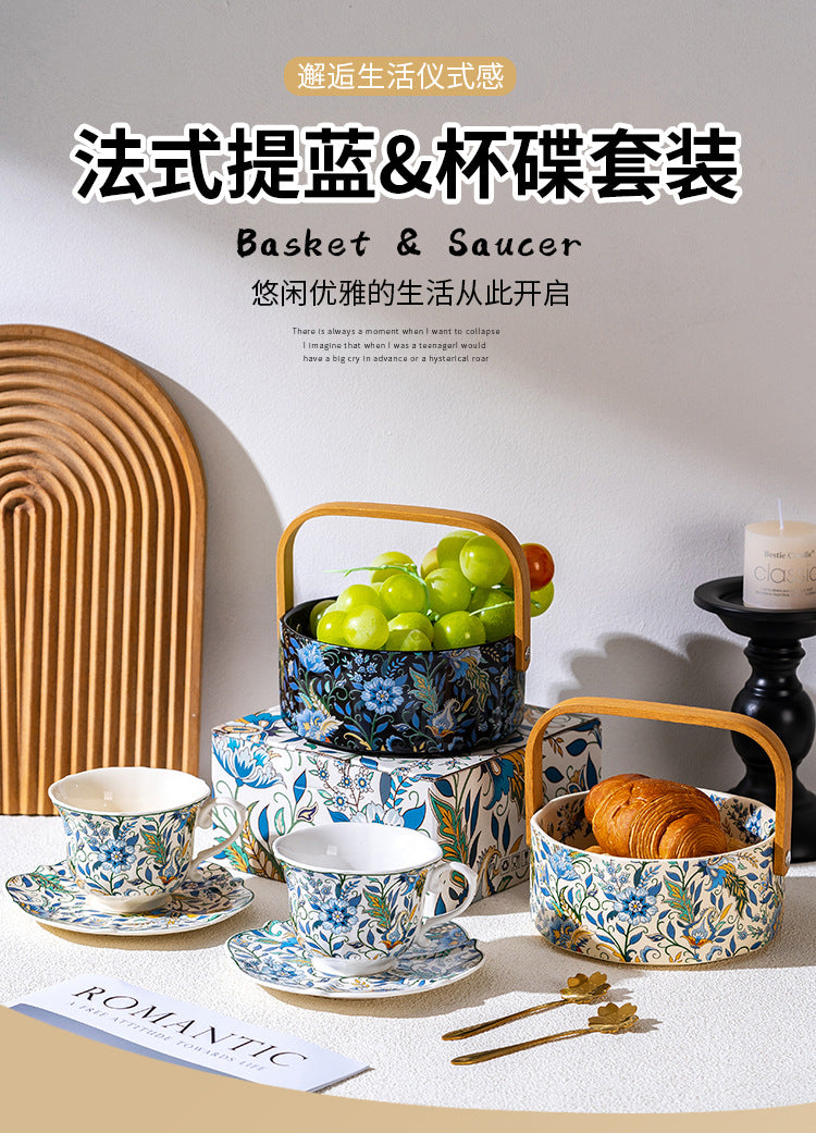 Floral Ceramic Serving Bowl with Bamboo Handle