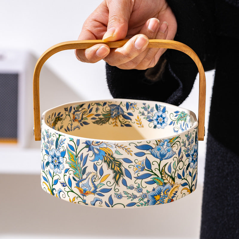 Floral Ceramic Serving Bowl with Bamboo Handle