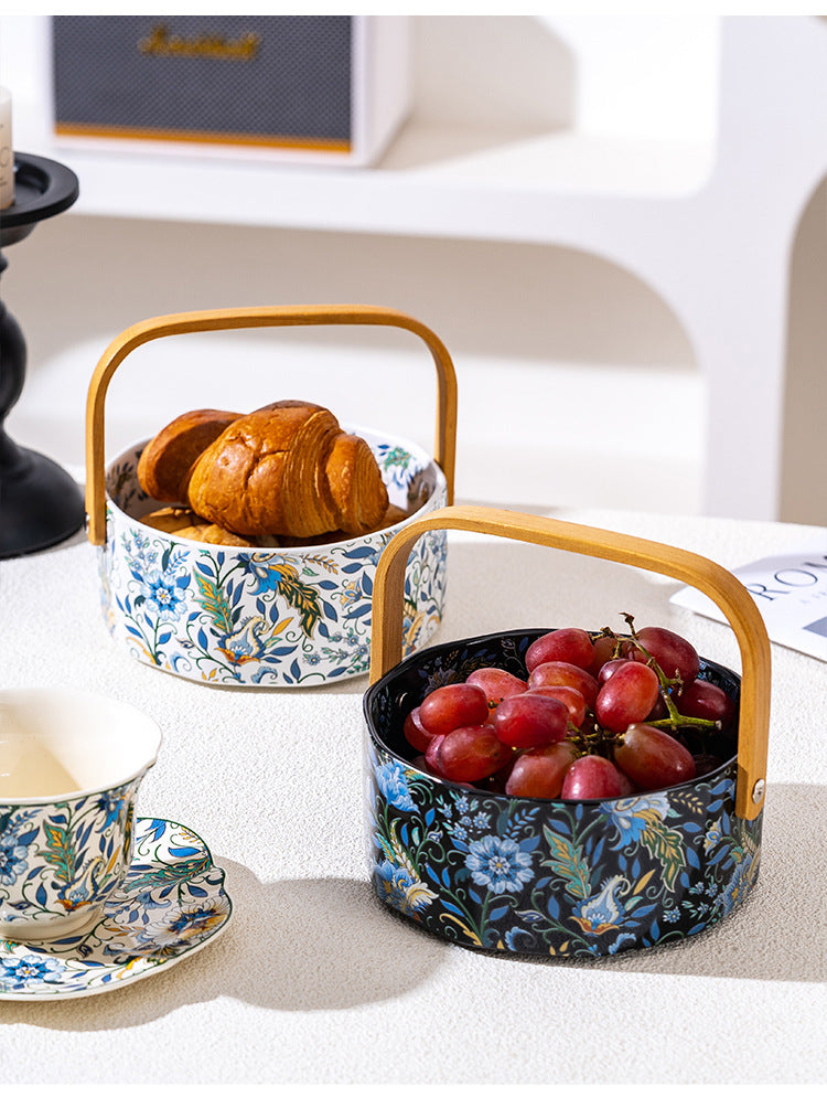 Floral Ceramic Serving Bowl with Bamboo Handle