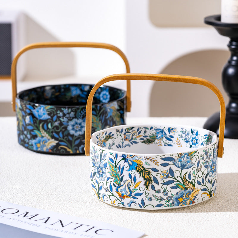 Floral Ceramic Serving Bowl with Bamboo Handle