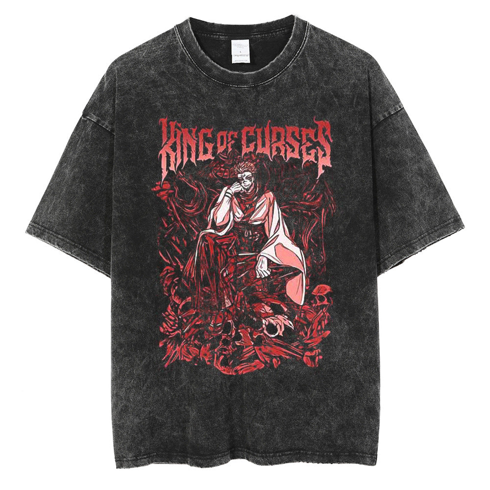 Huge Anime Flat Print Couple T-Shirt Washed Black Streetwear