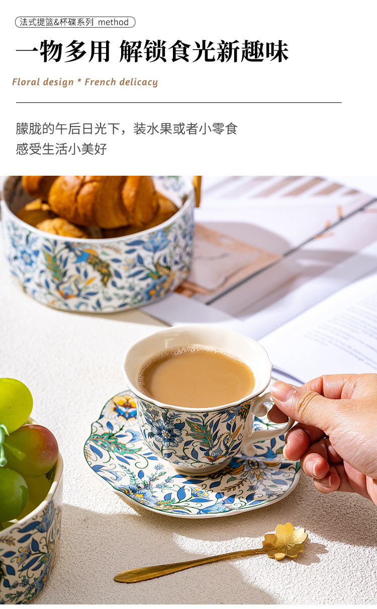 Floral Ceramic Serving Bowl with Bamboo Handle