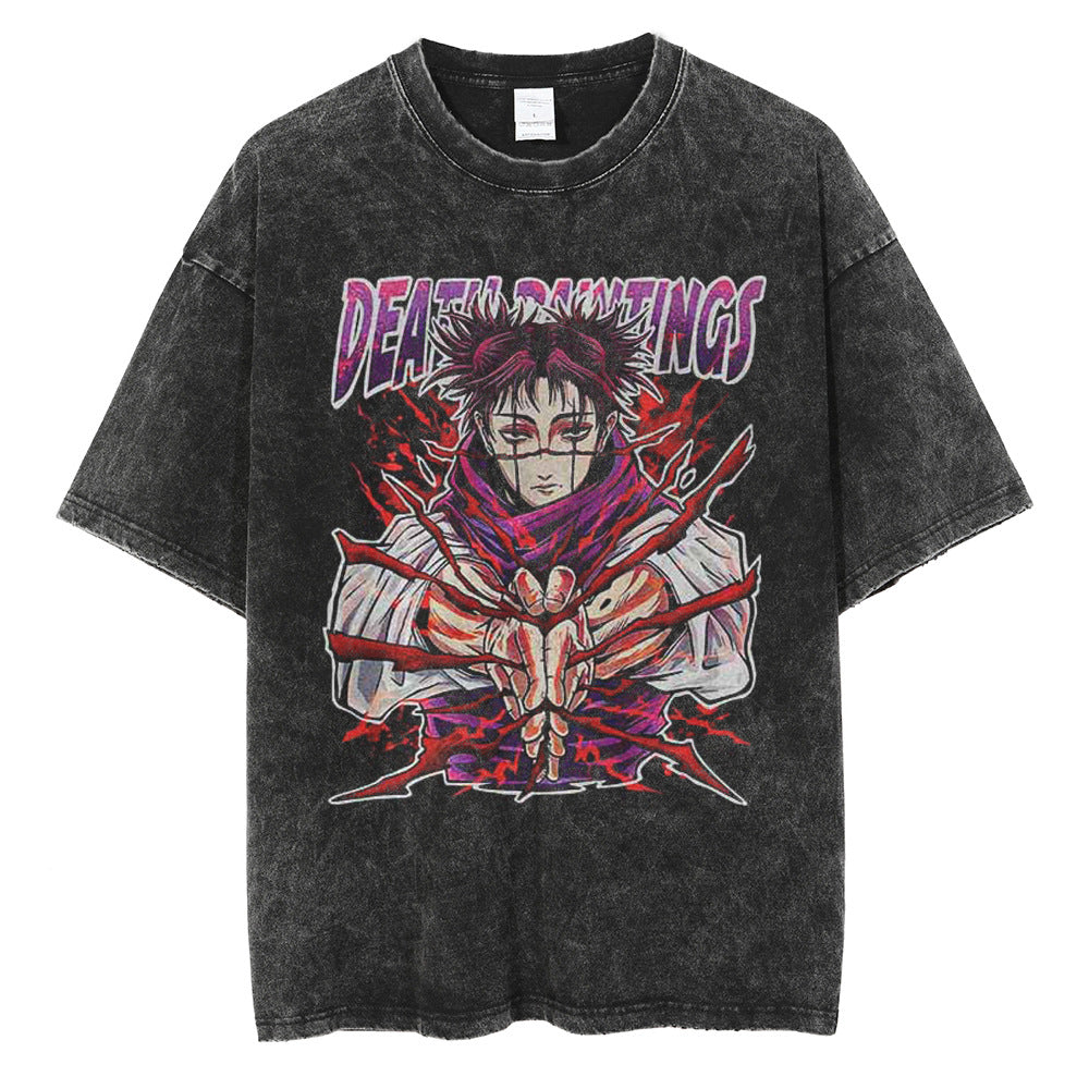 Huge Anime Flat Print Couple T-Shirt Washed Black Streetwear