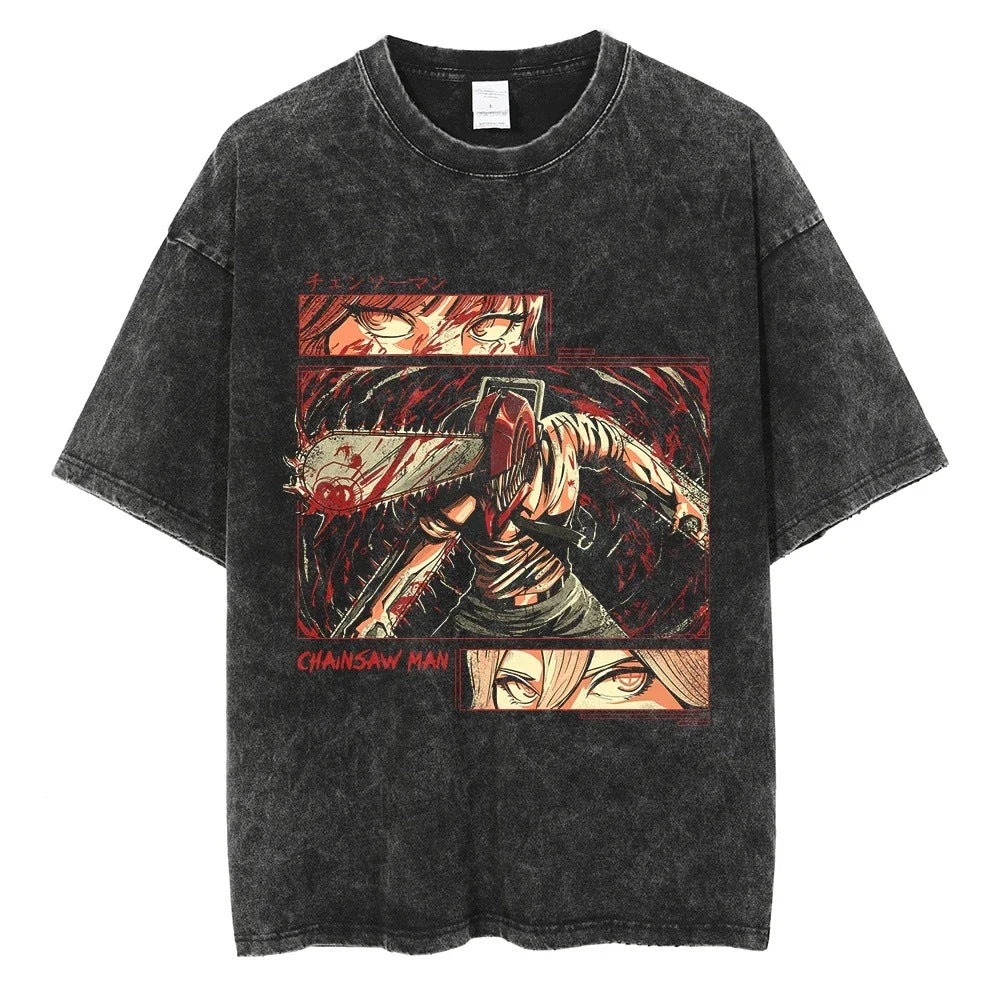Anime Chainsaw Washed t Shirt Men Women Harajuku Vintage Sum
