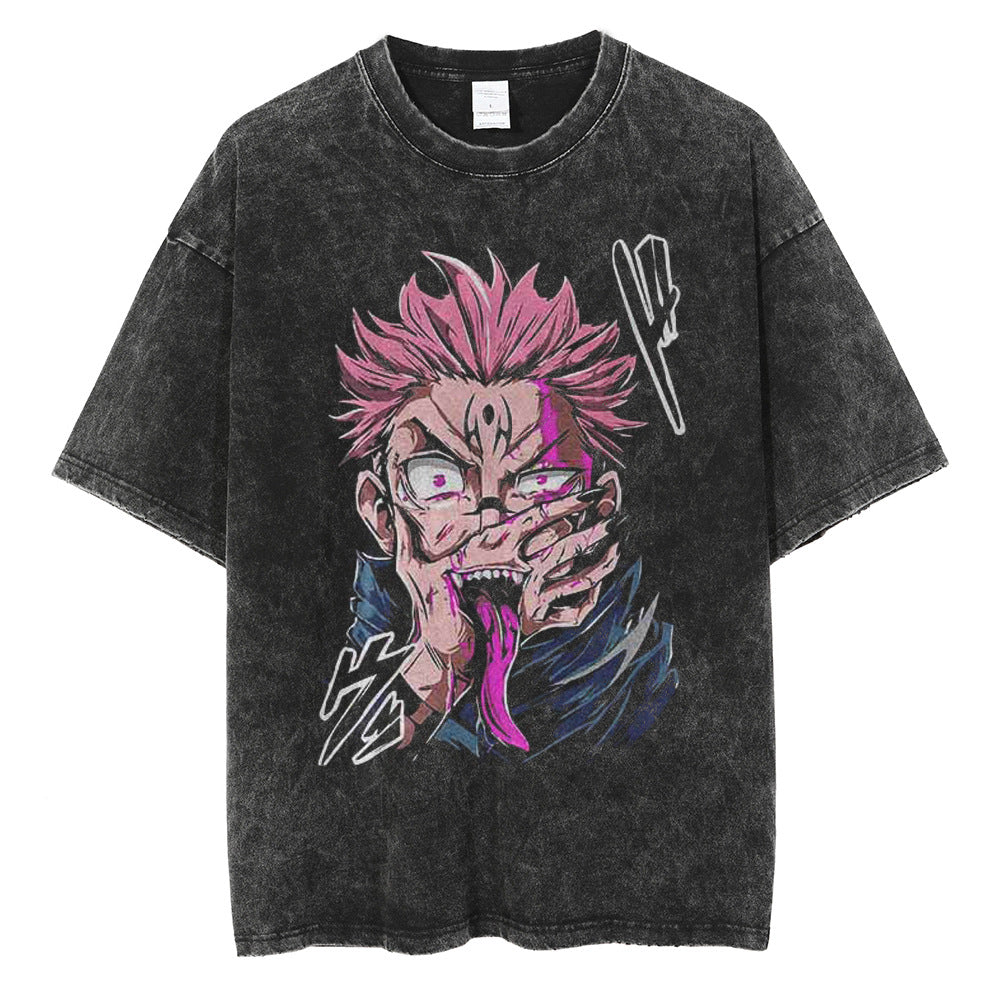 Huge Anime Flat Print Couple T-Shirt Washed Black Streetwear