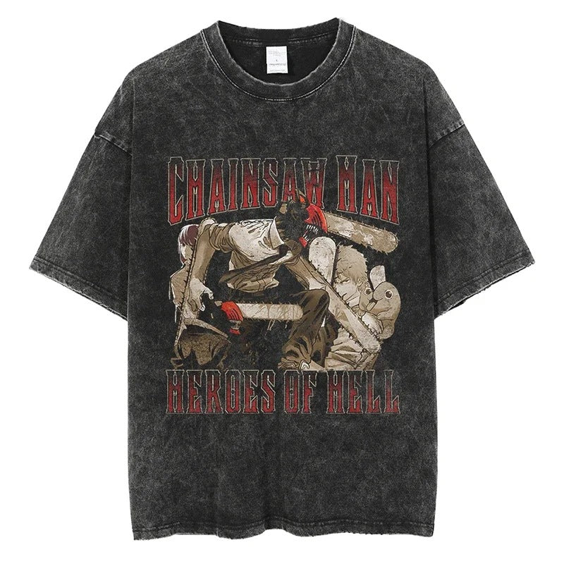 Anime Chainsaw Washed t Shirt Men Women Harajuku Vintage Sum
