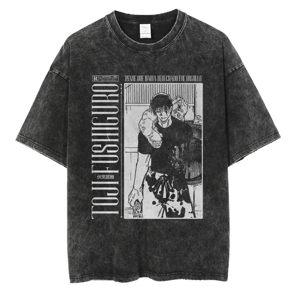 Huge Anime Flat Print Couple T-Shirt Washed Black Streetwear