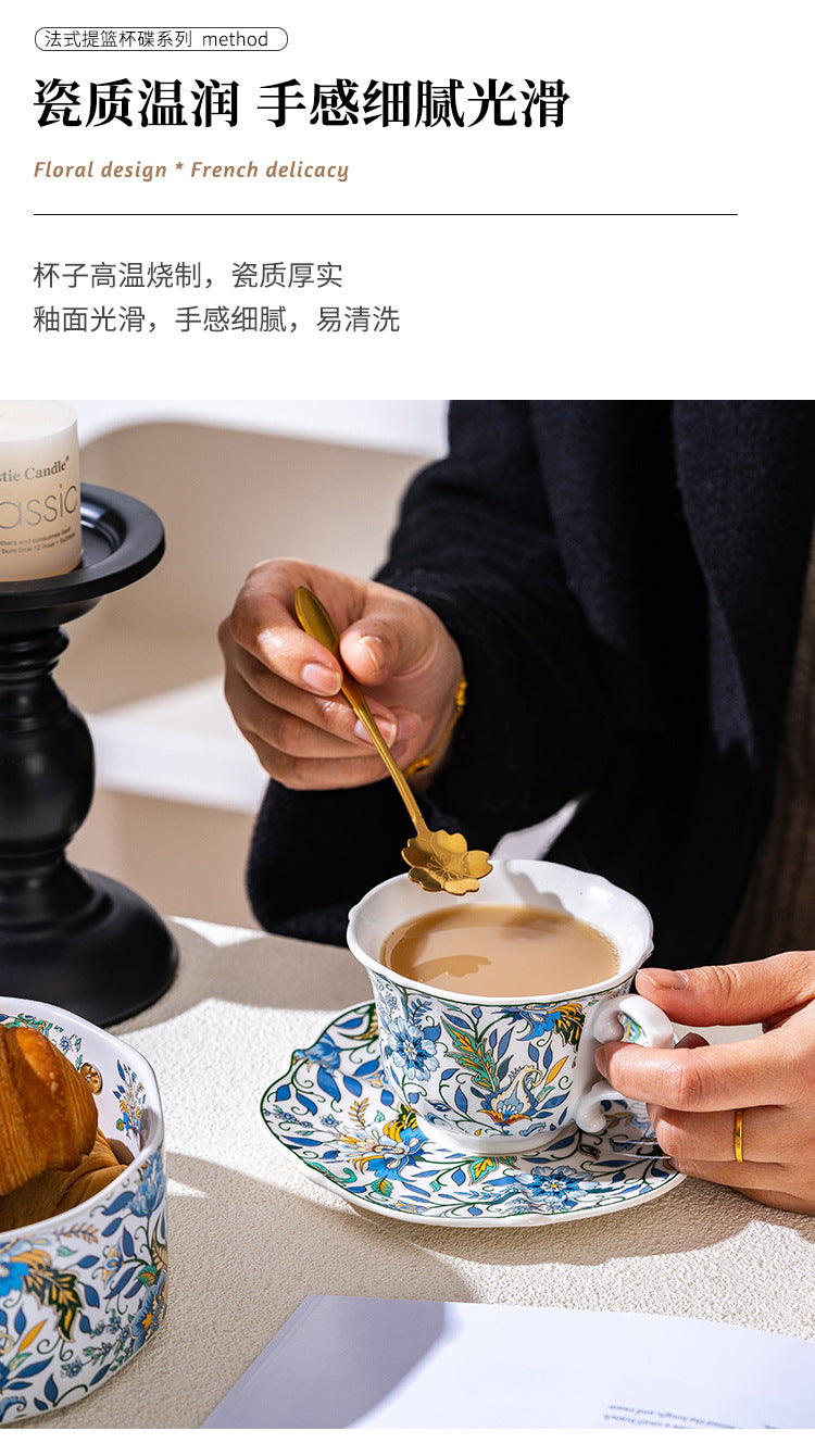 Floral Ceramic Serving Bowl with Bamboo Handle