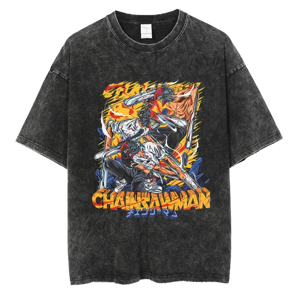 Anime Chainsaw Washed t Shirt Men Women Harajuku Vintage Sum