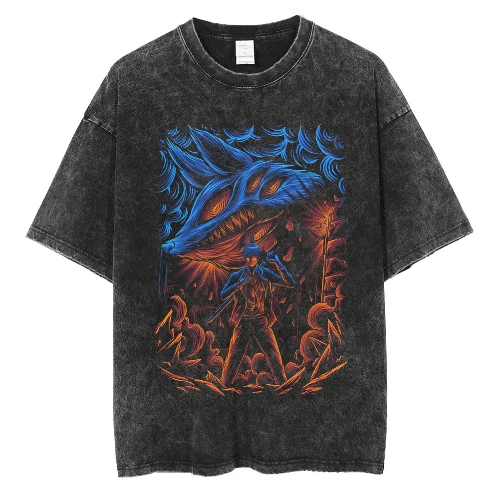 Anime Chainsaw Washed t Shirt Men Women Harajuku Vintage Sum
