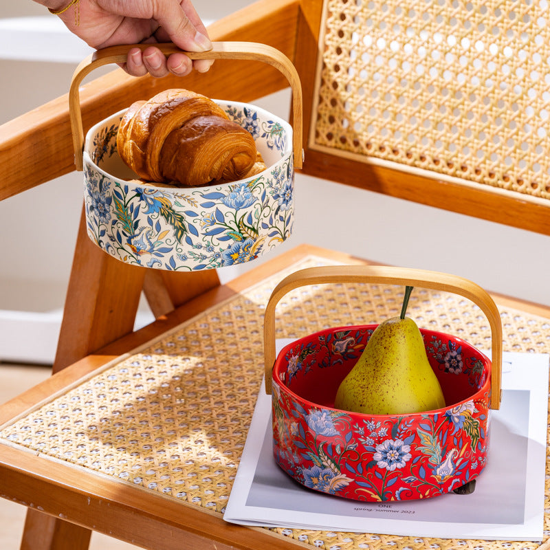 Floral Ceramic Serving Bowl with Bamboo Handle