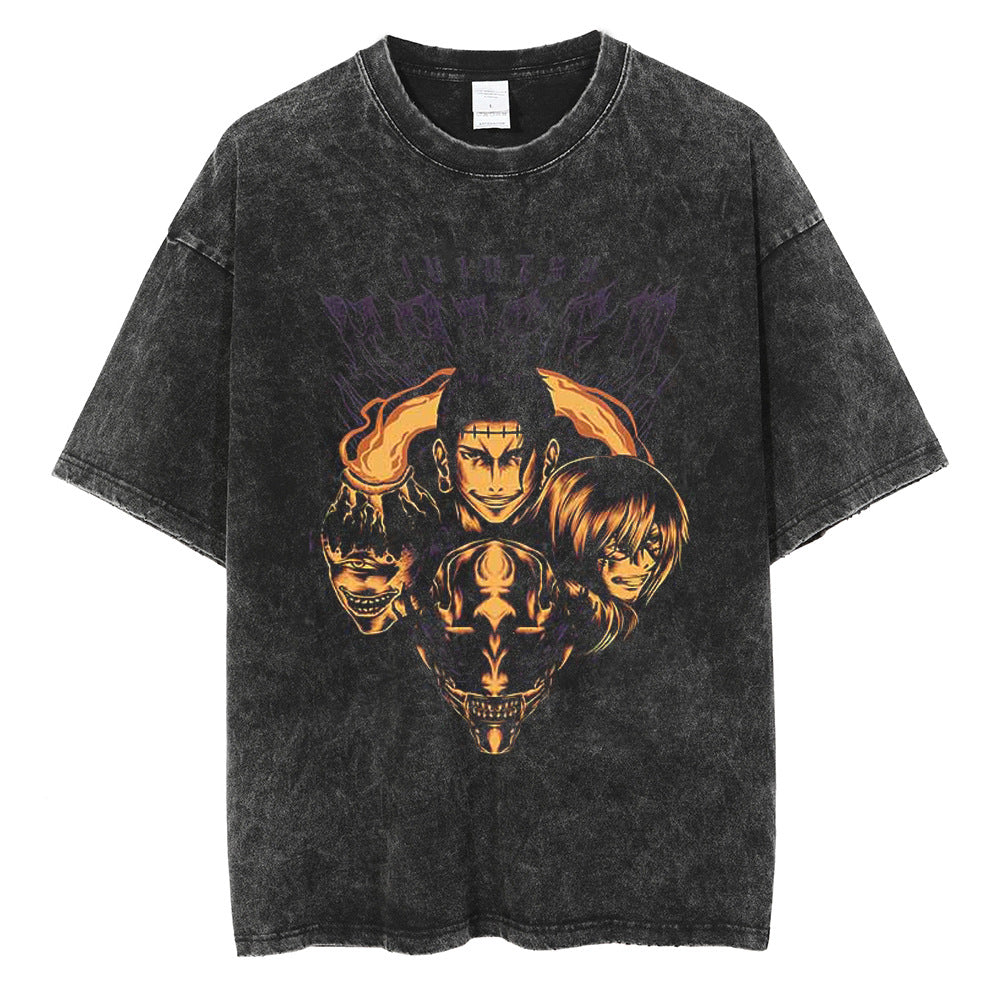 Huge Anime Flat Print Couple T-Shirt Washed Black Streetwear