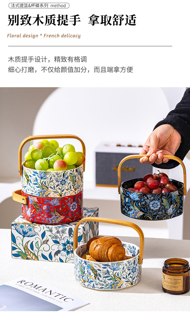 Floral Ceramic Serving Bowl with Bamboo Handle