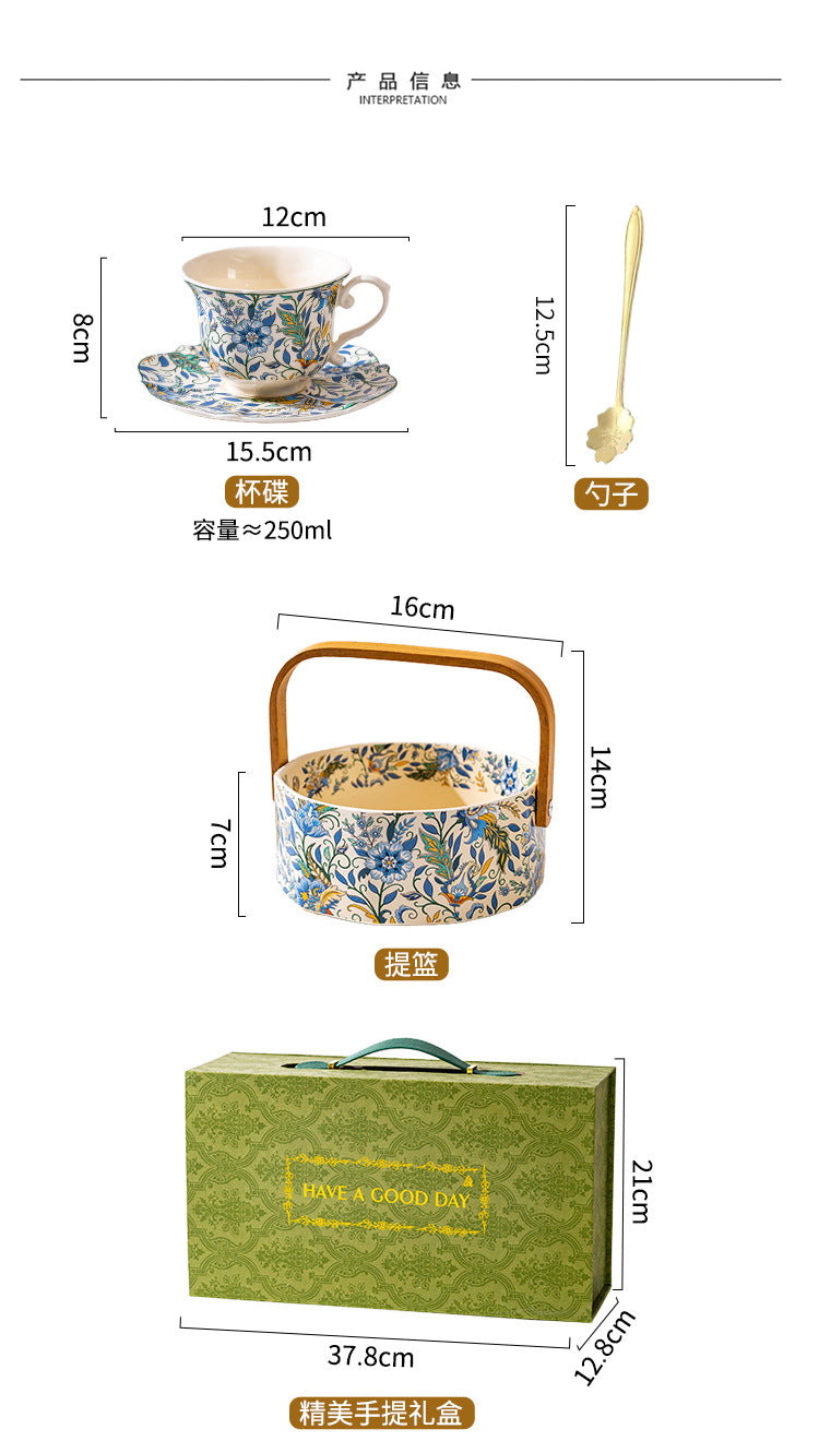 Floral Ceramic Serving Bowl with Bamboo Handle