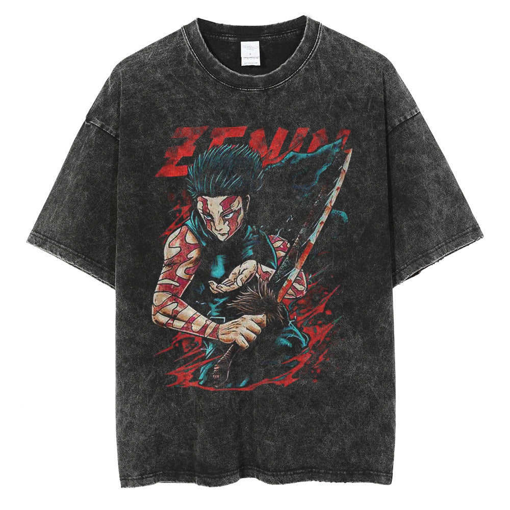 Huge Anime Flat Print Couple T-Shirt Washed Black Streetwear