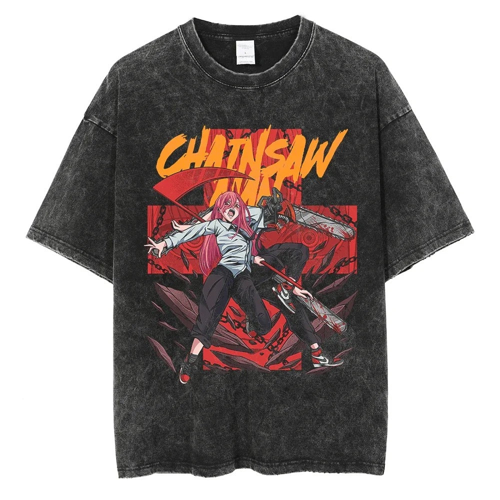 Anime Chainsaw Washed t Shirt Men Women Harajuku Vintage Sum