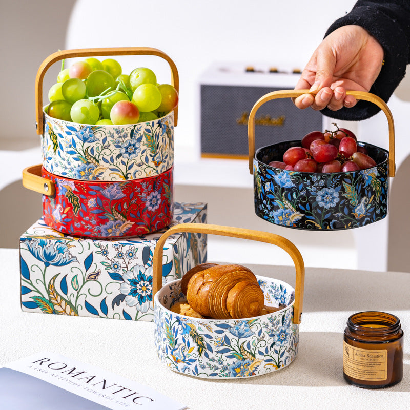Floral Ceramic Serving Bowl with Bamboo Handle