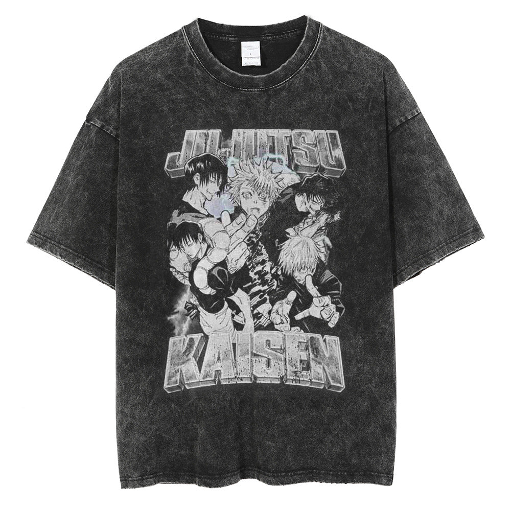 Huge Anime Flat Print Couple T-Shirt Washed Black Streetwear