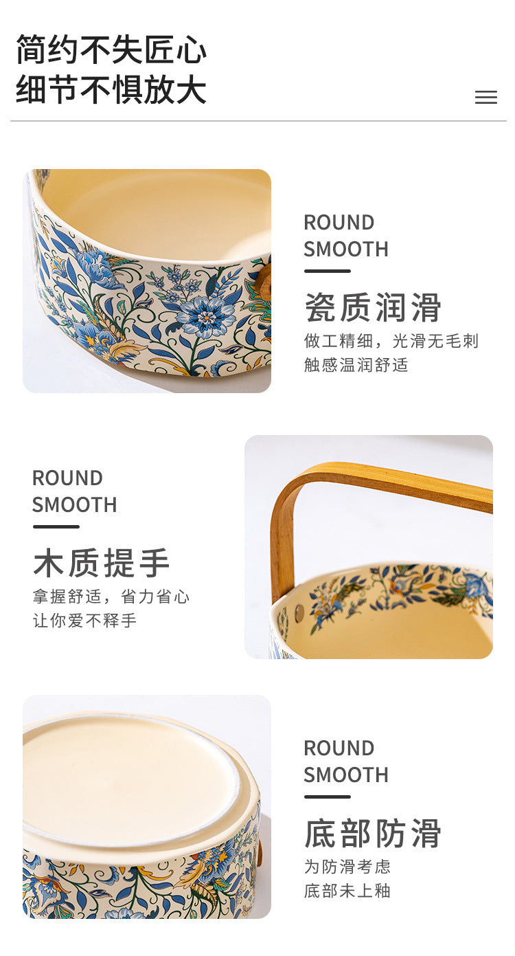 Floral Ceramic Serving Bowl with Bamboo Handle