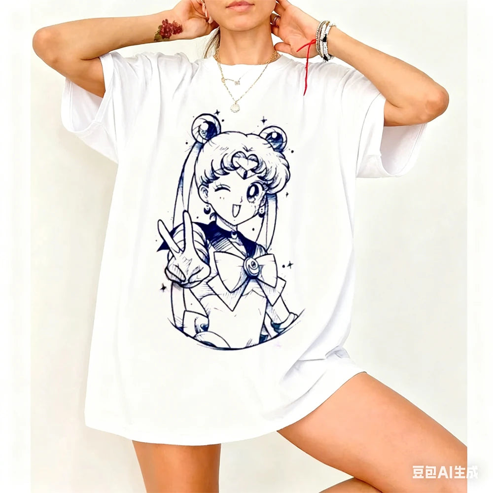 Sailor Moon Retro 90s Anime Graphic T Shirt Summer Cotton Men Women Tee Streetwear Casual Trend Short Sleeve Couple Hip Hop Top