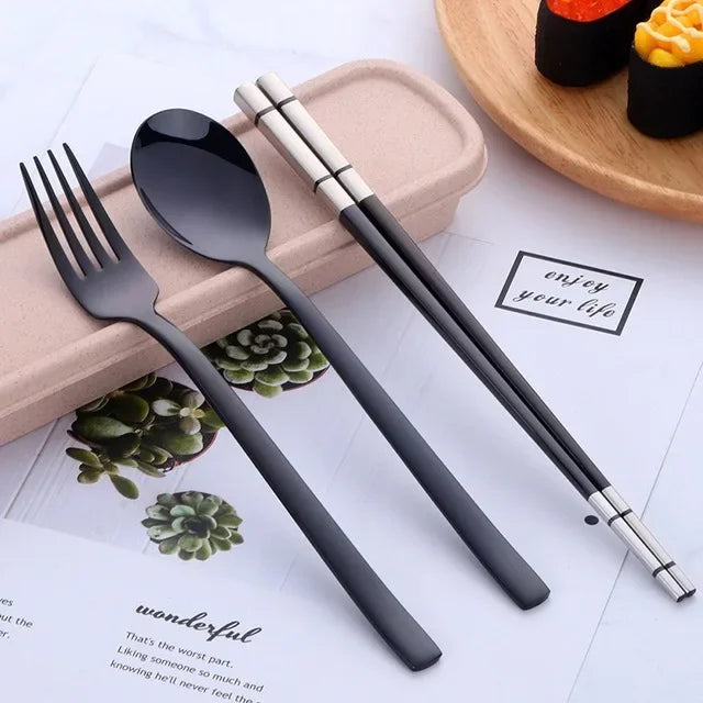 Portable Dinner Set With Box Stainless Steel Chopstick Spoon Fork Set Travel Cutlery Kids For School Outdoor Picnic