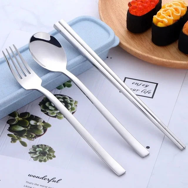 Portable Dinner Set With Box Stainless Steel Chopstick Spoon Fork Set Travel Cutlery Kids For School Outdoor Picnic